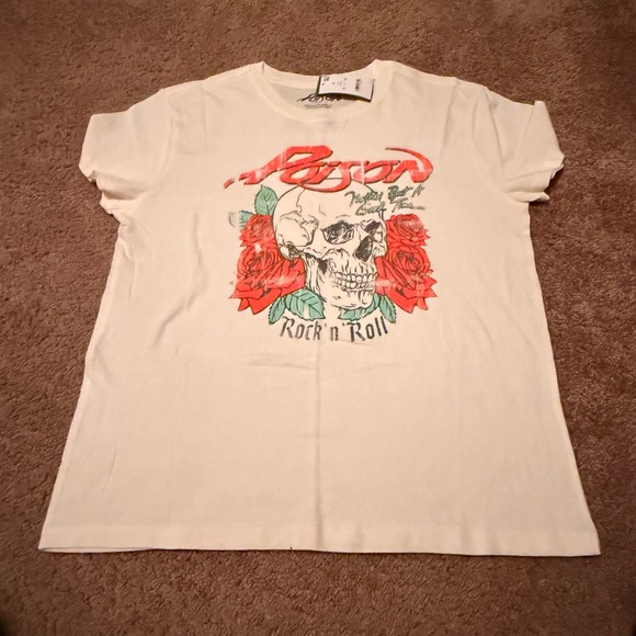 Poison Band Tee Tops - Poison Nothin But A Good Time Band Tee Skull Roses Graphic T-Shirt Off-White L